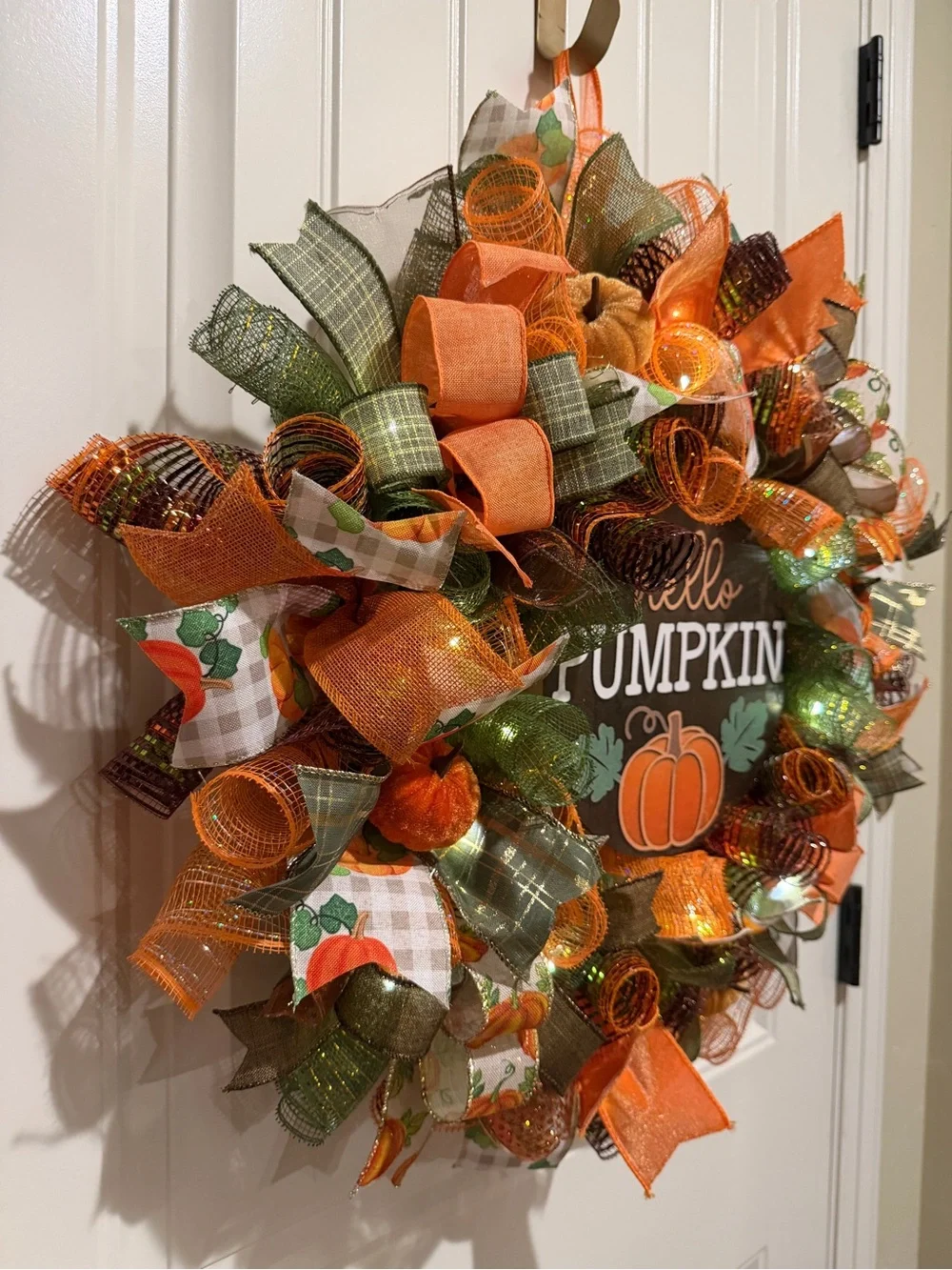 Handmade Hello Pumpkin Ribbon Welcome Door Wreath Fall Leaf 22 in LED W24